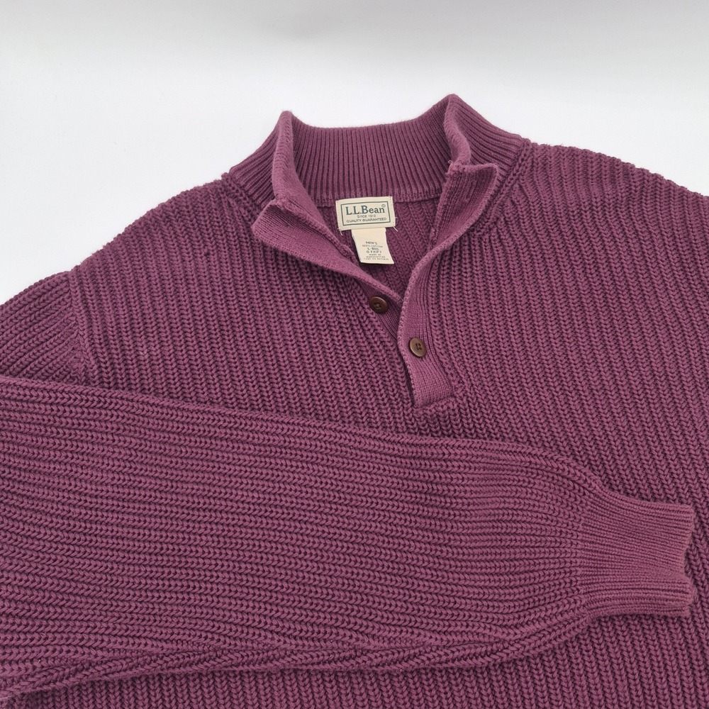 LL Bean Mens Large Cotton Shaker Stitch Henley Sweater Wine Mock Neck 0FKP7